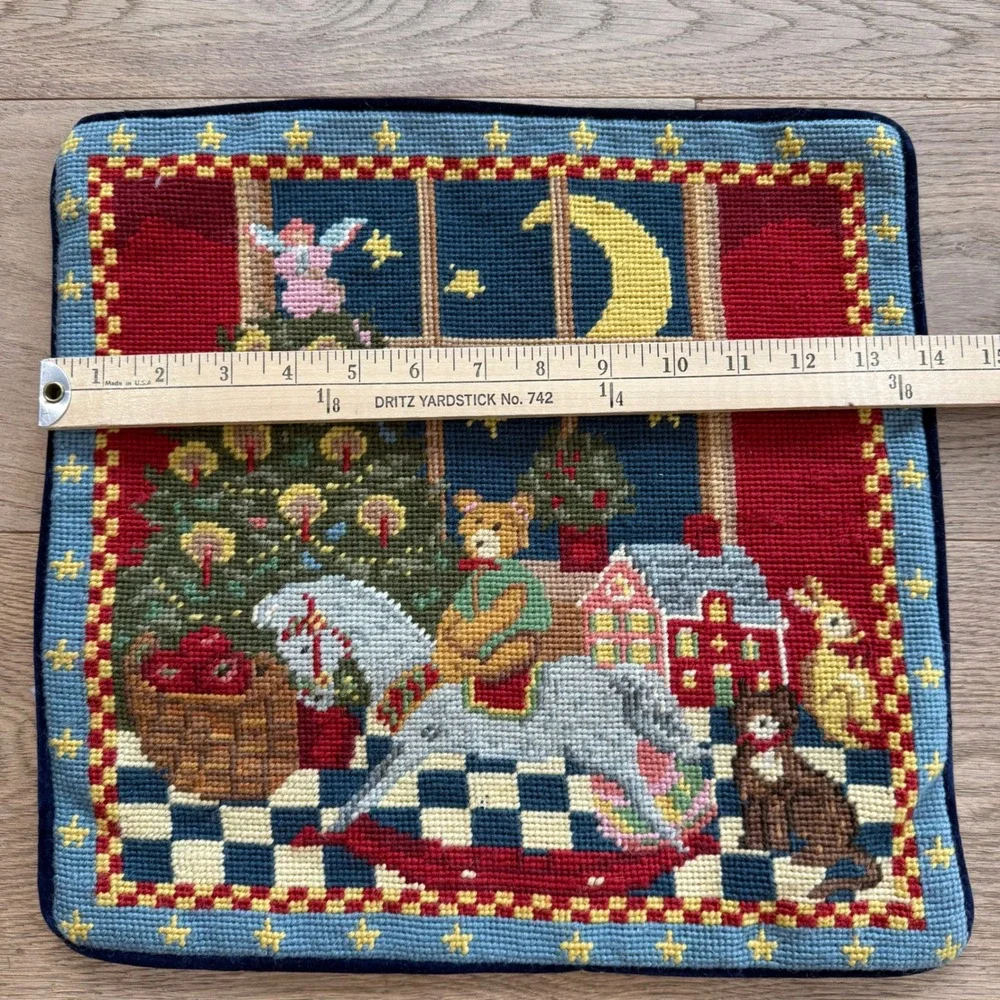 Vintage Needlepoint Christmas Pillow Cover Teddy Bear Rocking Horse Navy Velvet